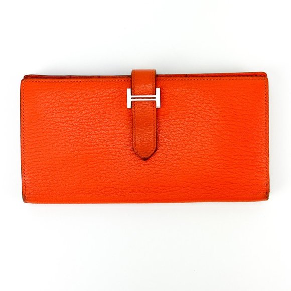 Hermès Orange Chèvre Mysore Leather Béarn Bifold Wallet